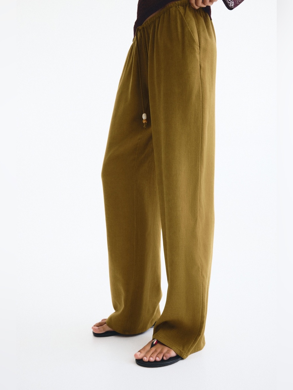 H&M Olive Green Linen Blend Drawstring Pants M